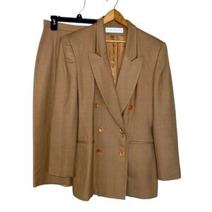 Vintage worsted wool two piece blazer skirt set size 8 6 Evan Picone tan